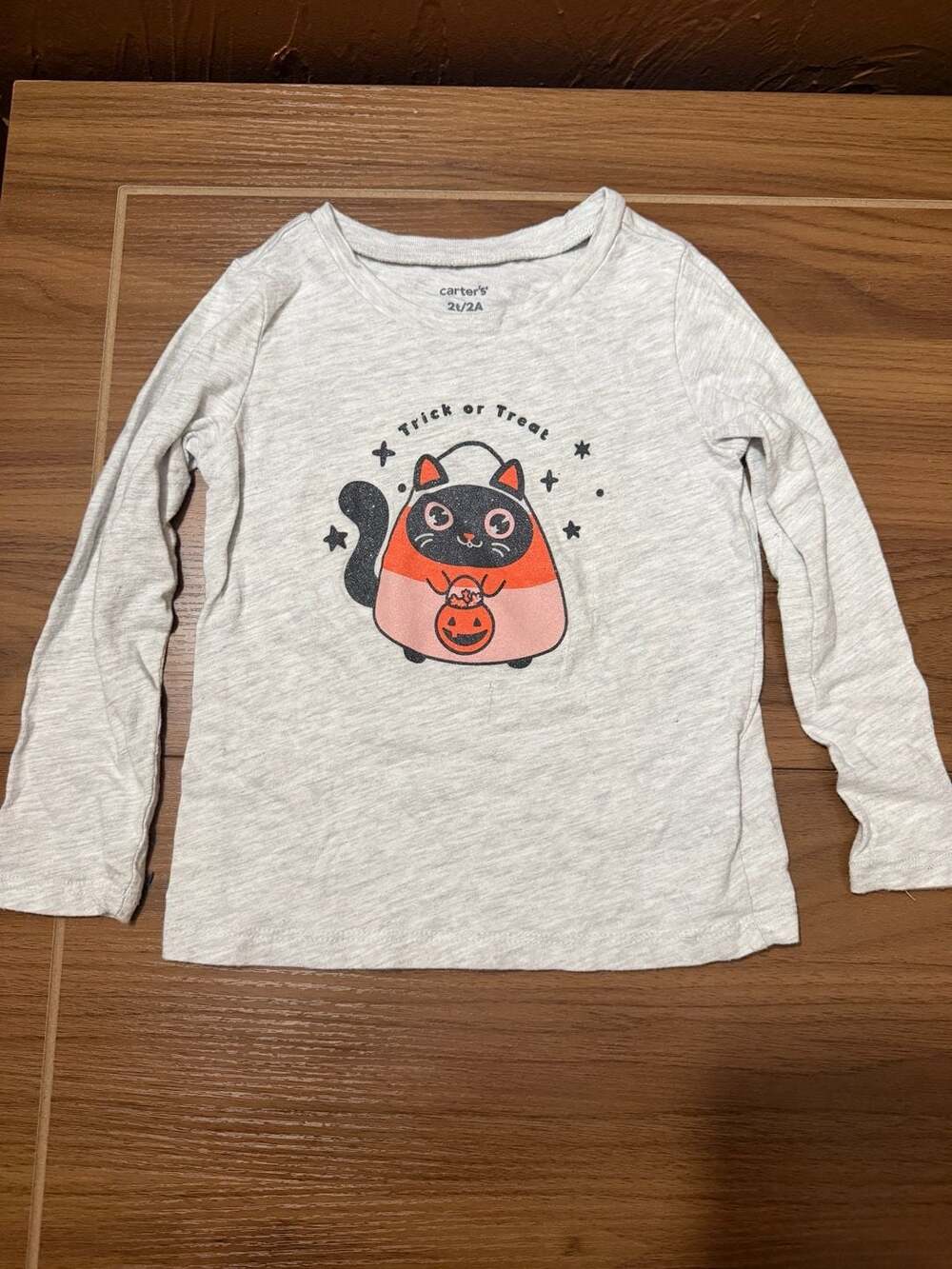 Carter's Long Sleeve Shirt Size 2T/2A Gray Halloween Cat Trick or Treat